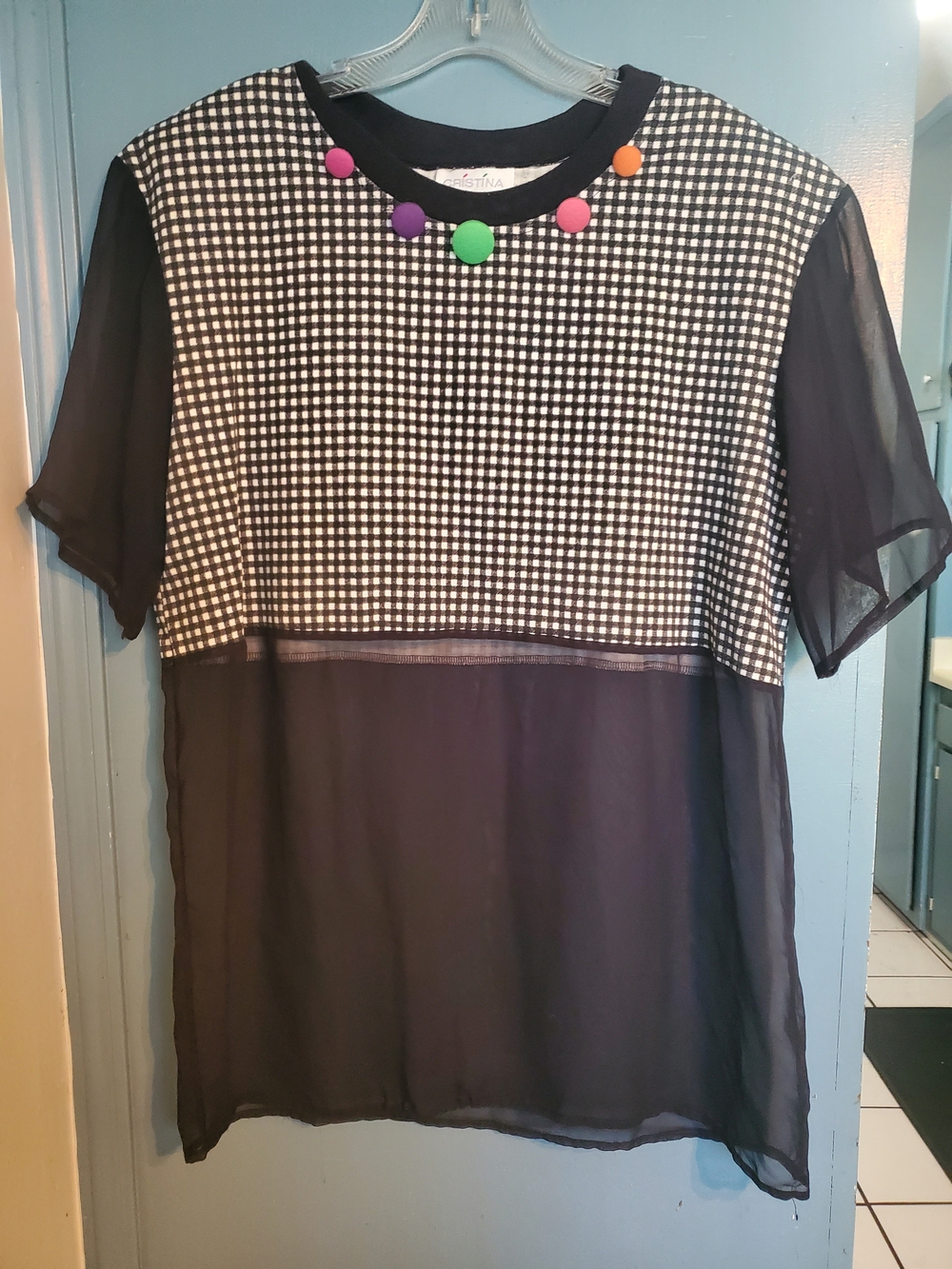 Christina Black & White Gingham Top with Colorful Button Accents